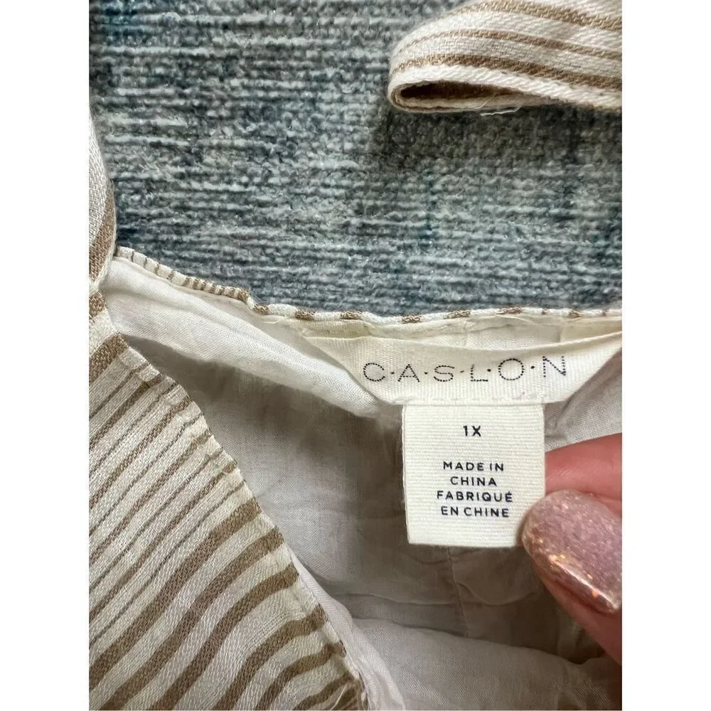 Caslon Ivory Khaki Stripe Tie Shoulder Tiered Sundress Size 1X - Picture 9 of 11